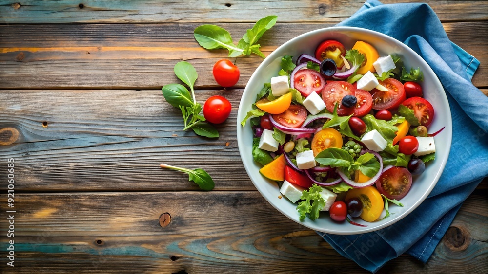 Poster overhead view of a colorful summer salad in a white bowl on a rustic wooden table generative ai