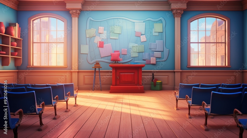 Poster empty classroom with rows of blue chairs facing a red desk with a bulletin board with colorful stick