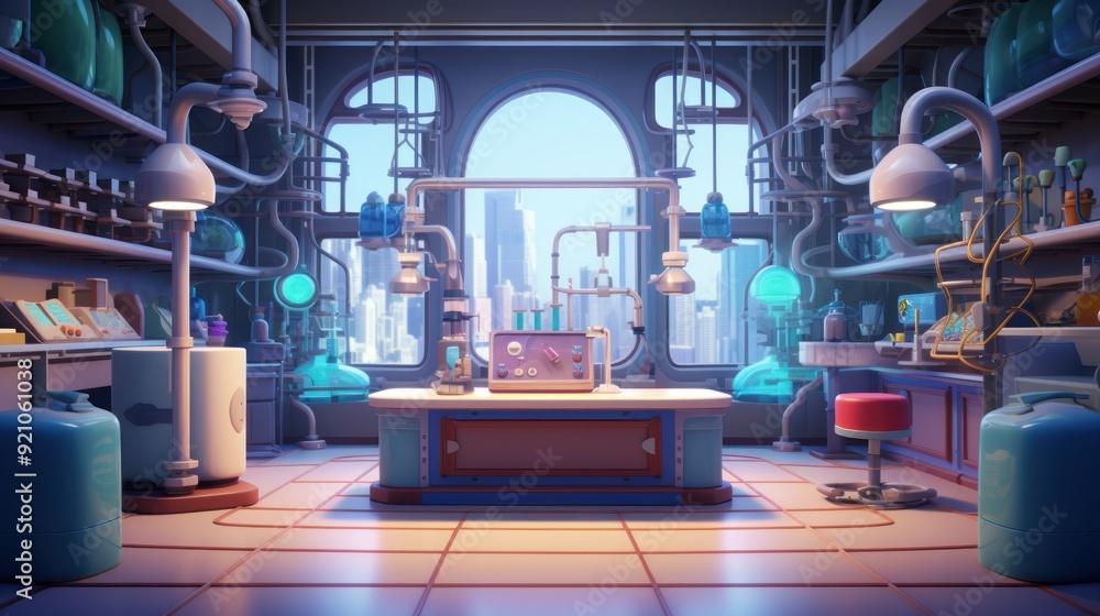 Poster empty futuristic lab with a view of the city through a large window. the lab is full of various scie