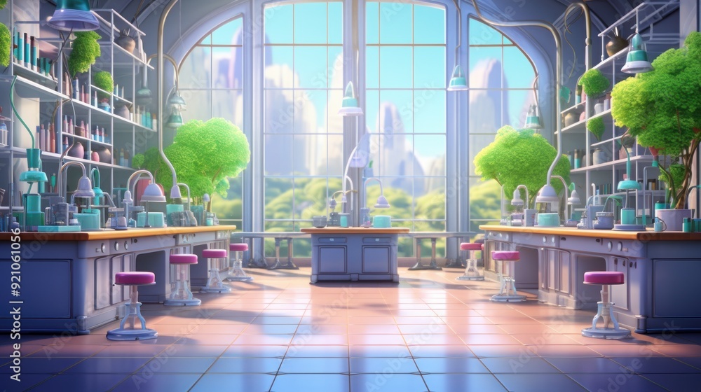 Poster empty laboratory with two work stations and large window overlooking lush greenery.