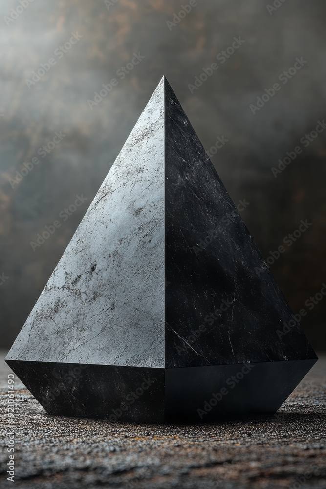 Poster a monochrome grey gradient background with a bold black geometric shape in the center, creating star