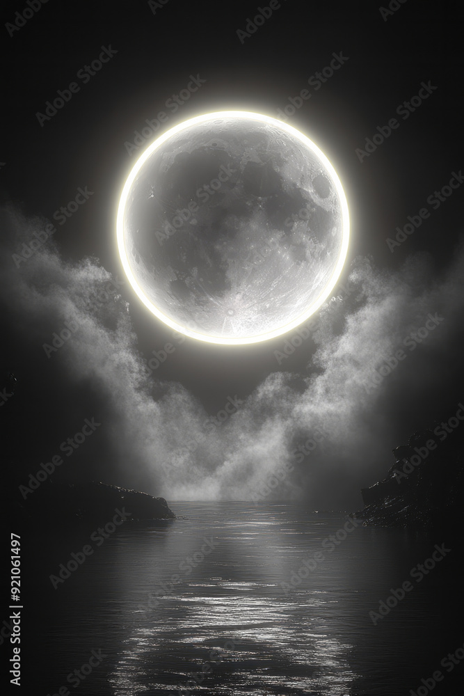 Poster a dark charcoal background with a glowing white circle, creating a striking focal point in the cente