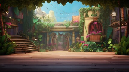 Obraz premium Fantasy wooden terrace with lush green plants and blooming flowers in front of an entrance to a house.