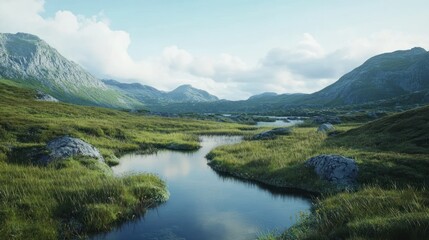 Serene Mountain Stream Flowing Through Verdant Valley