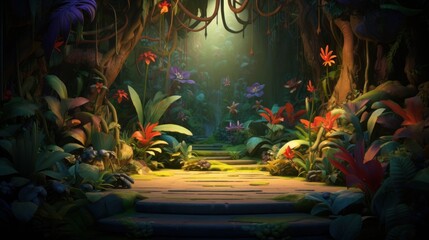 Lush, vibrant jungle scene with a stone path leading into a bright sunlit clearing.