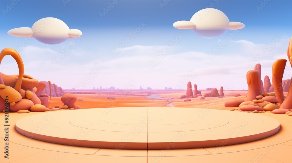 Poster Orange, rounded platform in a surreal desert landscape with a sky with two floating clouds.