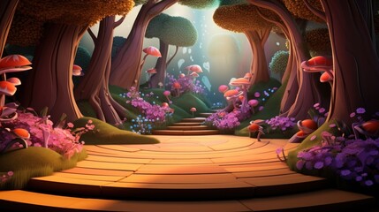 Fototapeta premium Magical fairytale forest with circular wooden steps, glowing mushrooms and flowers.