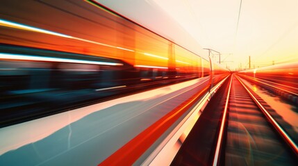 High-speed train background with sunset, fast moving lines in motion 