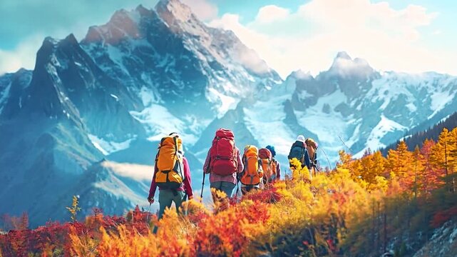 assemblage of youth travellers with bulky bags Walking in a row, ascending a mountain, and trekking in the outdoors