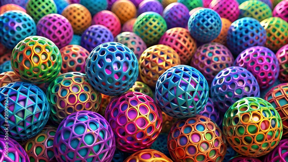 Poster a symphony of spheres: a 3d pattern of interlocking orbs in vibrant hues generative ai