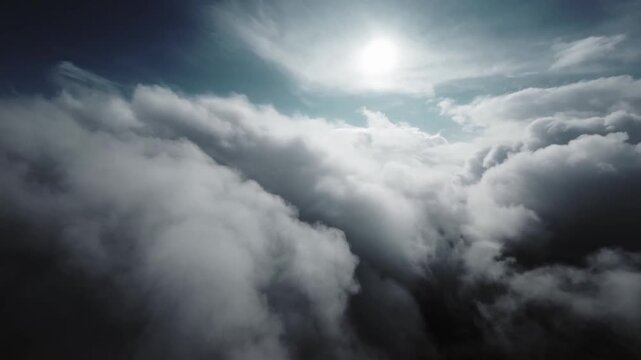 Aerial view of cloudscape shot in the sky, first person view, 4K