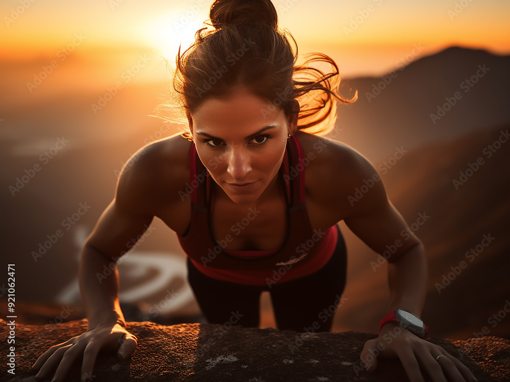 Wall mural Determined athlete getting ready to train atop a mountain as the sun rises