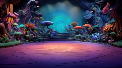 Purple and Orange Surreal Landscape with a Stage and Swirling Blue Background.