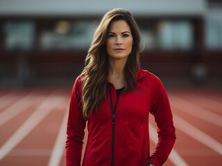 Fototapeta premium Female sports coach in uniform on a red running track at the stadium