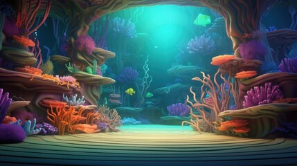 Obraz premium Underwater cave with colorful corals, rocks, and fish.