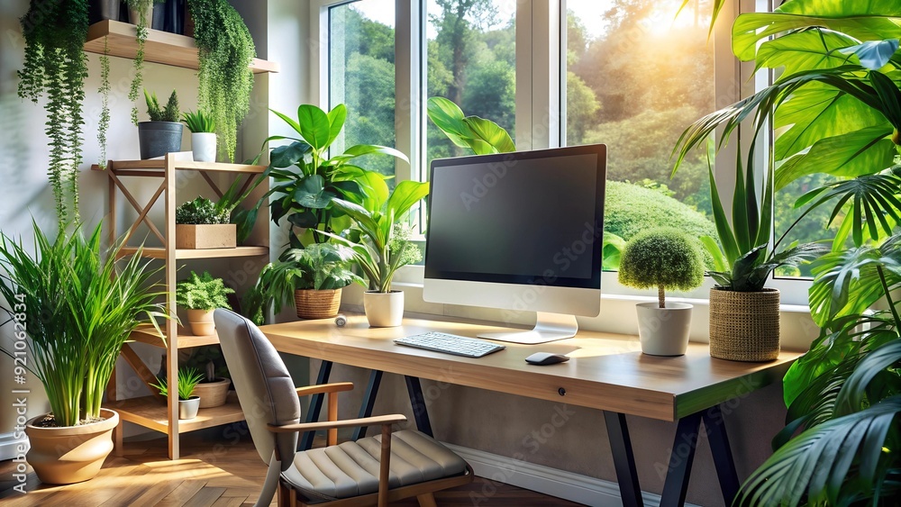 Poster a sanctuary of sustainable serenity: a lush green workspace with a mock-up desktop computer generati