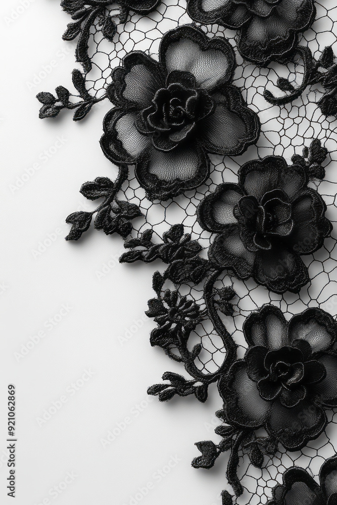 Poster a solid white background with a delicate black lace pattern in the corner, adding subtle elegance an