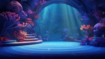 Fototapeta premium Underwater Scene with Steps and Circular Platform in a Cave.