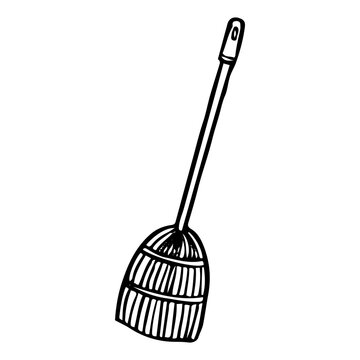 recommend clip art: Broom for sweeping the floor hand drawn doodle. A tool with a handle for dry or wet cleaning of dirt from the house. Laundry room. Vector outline line art illustration.
