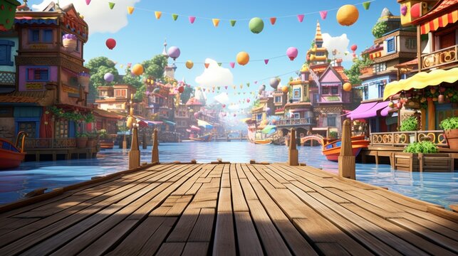 Wooden dock leading to a colorful cartoon town with water, boats, and balloons.