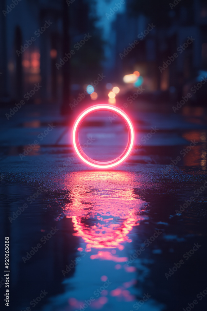 Poster a neon ring with a soft pink glow, its reflection creating a subtle, mirrored effect on a dark, refl
