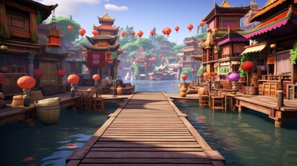 Obraz premium Wooden pier leading to a vibrant, Asian-style marketplace with colorful buildings and red lanterns.