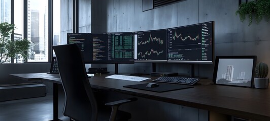 12. A sleek office space with Bitcoin-related financial graphs on computer monitors