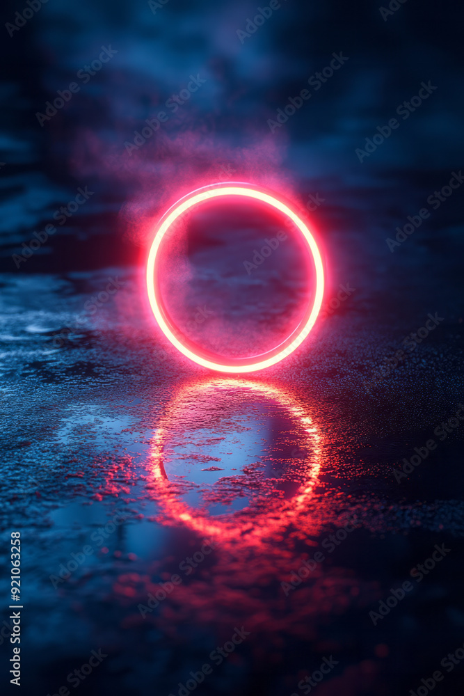 Poster a neon ring with a soft pink glow, its reflection creating a subtle, mirrored effect on a dark, refl