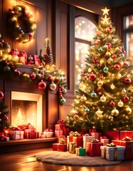 Christmas Decoration Inside Living Room At Night