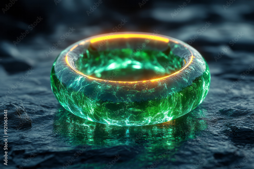 Poster a glowing neon ring in vibrant green, floating above a polished, obsidian-like surface with a sharp 