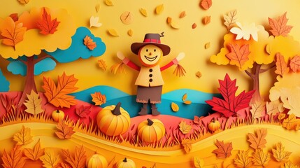 Naklejka premium Colorful 3D Whimsical Autumn Harvest Scene in Paper Cut Style