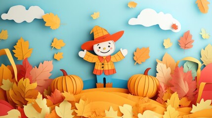 Fototapeta premium Colorful 3D Whimsical Autumn Harvest Scene in Paper Cut Style