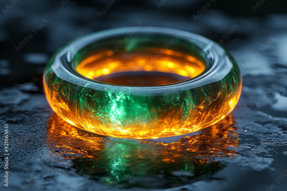 Aufkleber a glowing neon ring in vibrant green, floating above a polished, obsidian-like surface with a sharp 