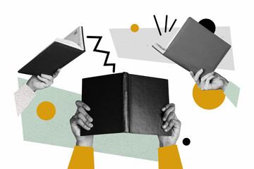 Composite photo collage of hands hold book planner homework university preparation bookworm hobby library isolated on painted background