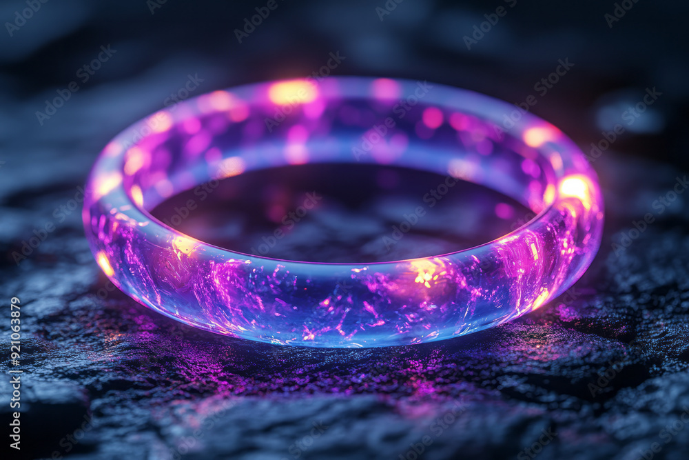 Aufkleber a pulsating neon ring in bright purple, its glow reflected and slightly distorted on a textured blac