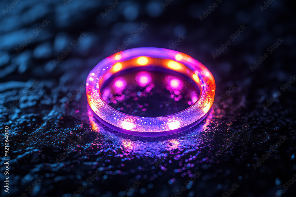 Poster a pulsating neon ring in bright purple, its glow reflected and slightly distorted on a textured blac