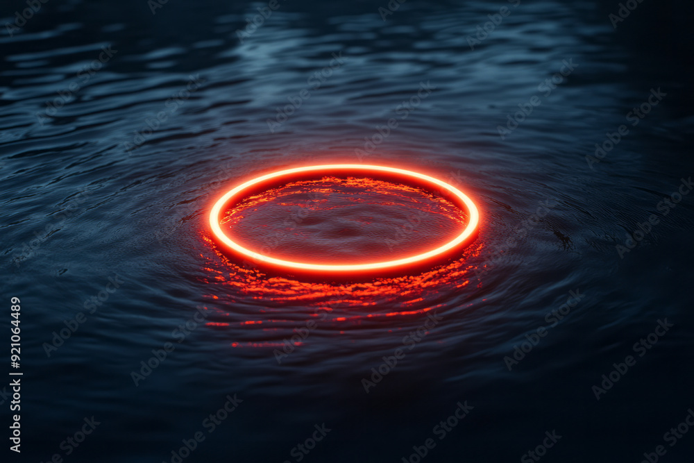 Aufkleber a vibrant red neon ring floating above a dark, water-like surface, with ripples subtly distorting it