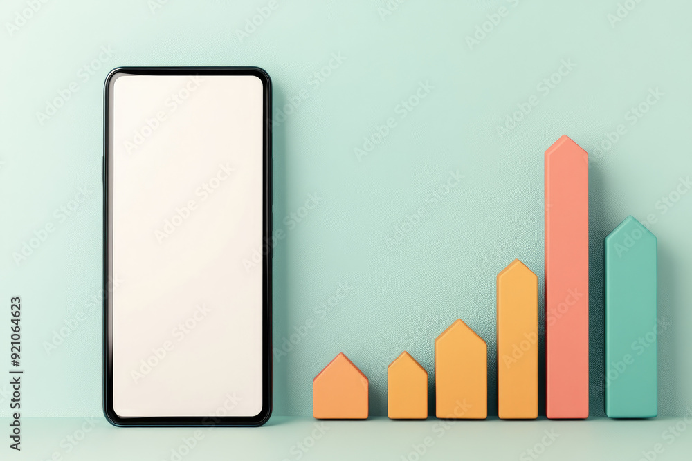 Poster smartphone beside colorful bar graph representing digital growth, modern design with soft pastels on