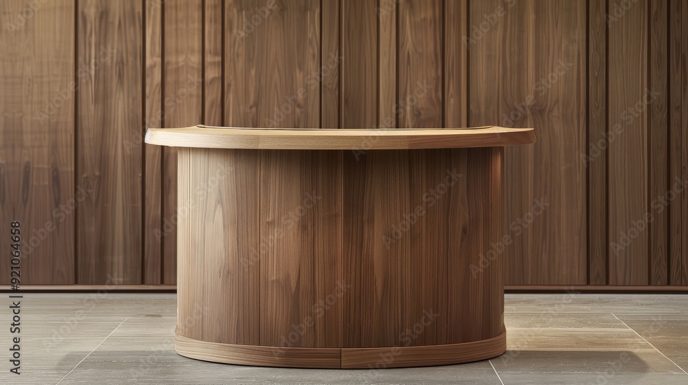 Poster a wooden podium with a curved design, adding a modern and dynamic element to traditional presentatio