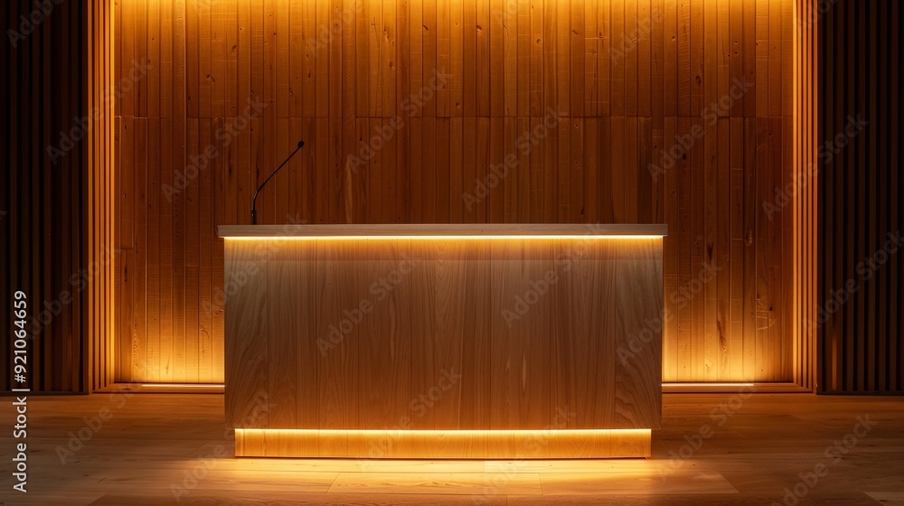 Poster A wooden podium with integrated lighting, enhancing visibility and focus for speakers during evening events.