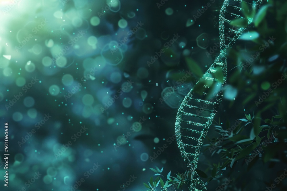 Poster abstract representation of dna helix on a dark green background with soft bokeh effects and light ra