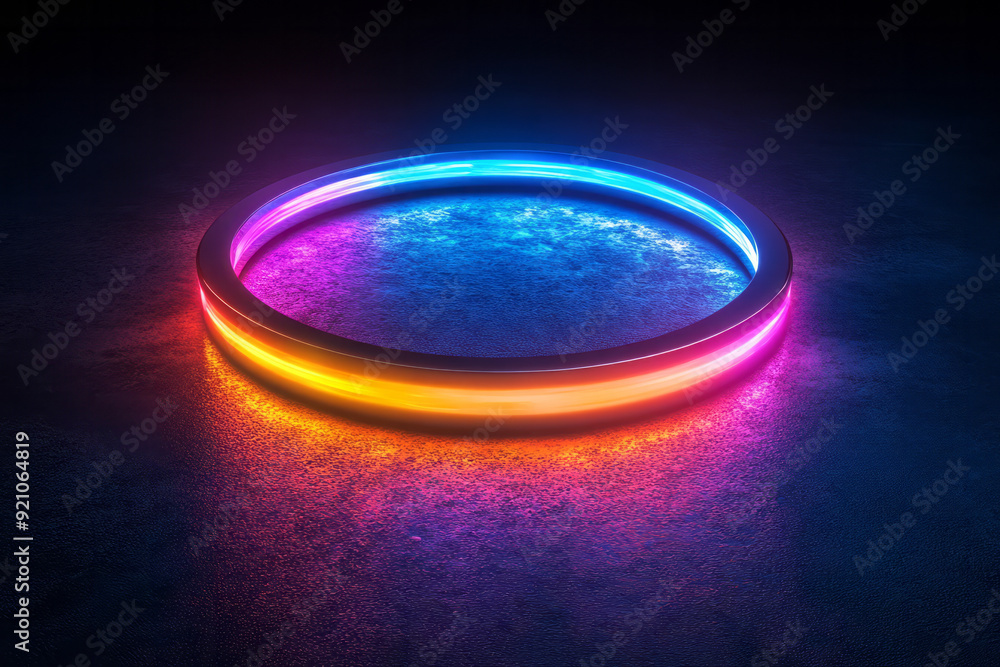 Poster a neon ring glowing in a gradient of blue to purple, casting a mesmerizing reflection on a deep blac