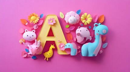 Obraz premium Letter A: Paper cut style illustration, colorful 3D whimsical, text 