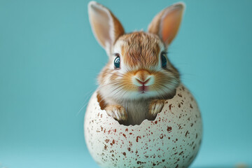 Obraz premium A small, fluffy rabbit emerging from an egg with pastel stripes, isolated on a gentle pastel blue background,