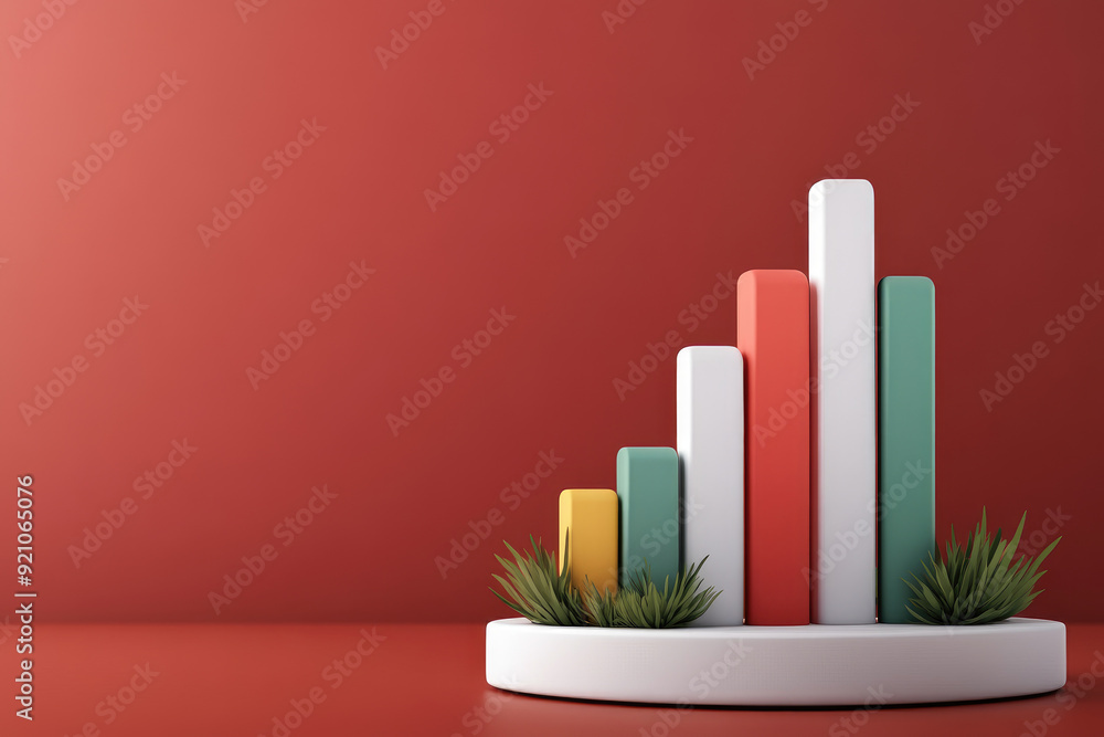 Poster colorful bar graph on a circular base adorned with greenery, set against a warm red background, symb