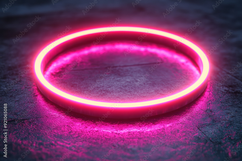 Aufkleber a glowing neon ring in rich magenta, casting a soft reflection on a matte black surface, with a slig