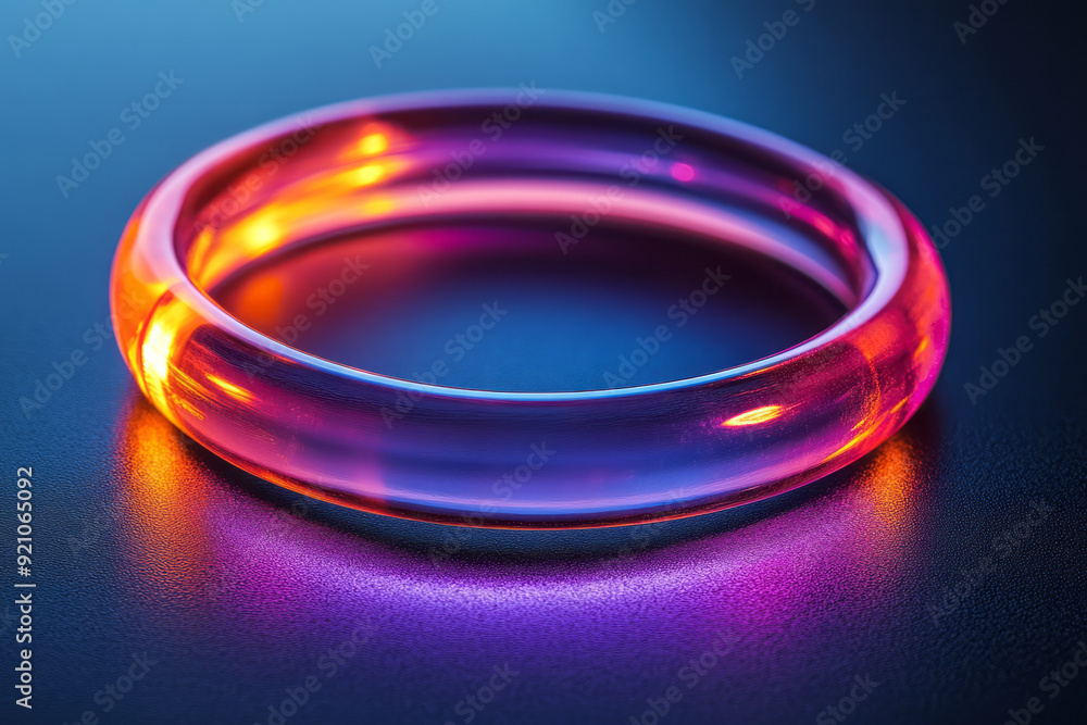 Aufkleber a glowing neon ring in rich magenta, casting a soft reflection on a matte black surface, with a slig
