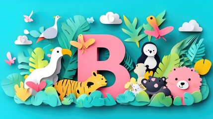 Naklejka premium Letter B: Paper cut style illustration, colorful 3D whimsical, text 