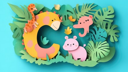 Obraz premium Letter C: Paper cut style illustration, colorful 3D whimsical, text 
