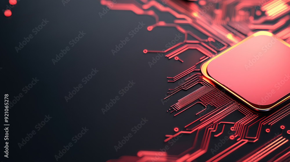 Poster futuristic circuit board, an intricate design featuring a shimmering red microchip surrounded by glo